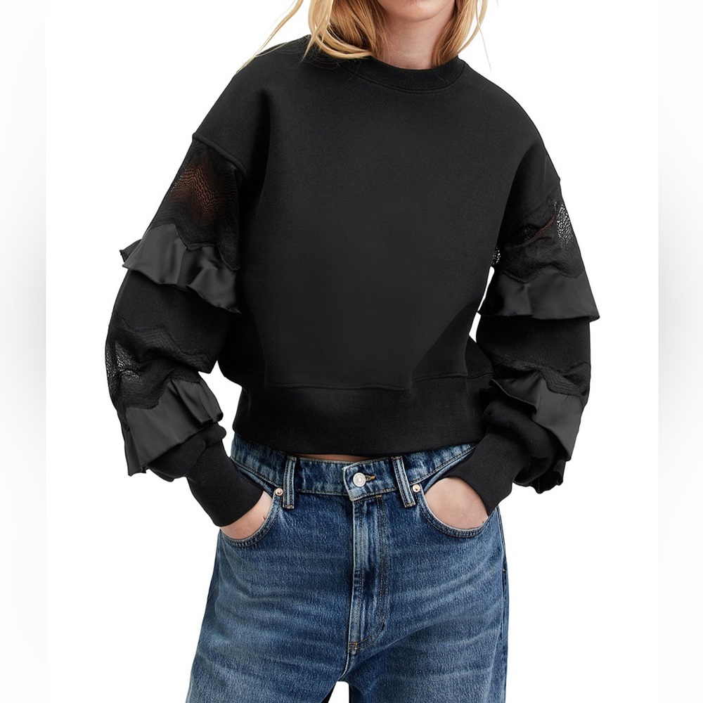 All Saints Black Ruffle Sleeve Sweatshirt